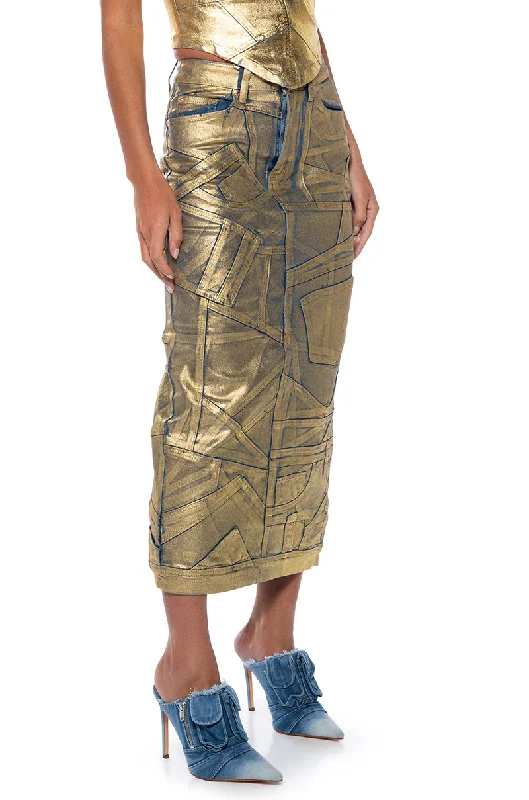 GIGI METALLIC PATCHWORK DENIM SKIRT