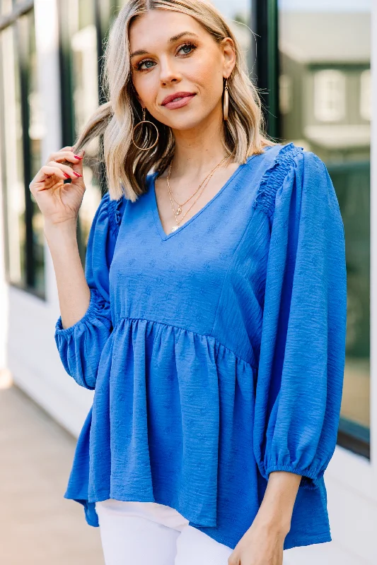 Take Your Word Cobalt Blue Ruffled Blouse