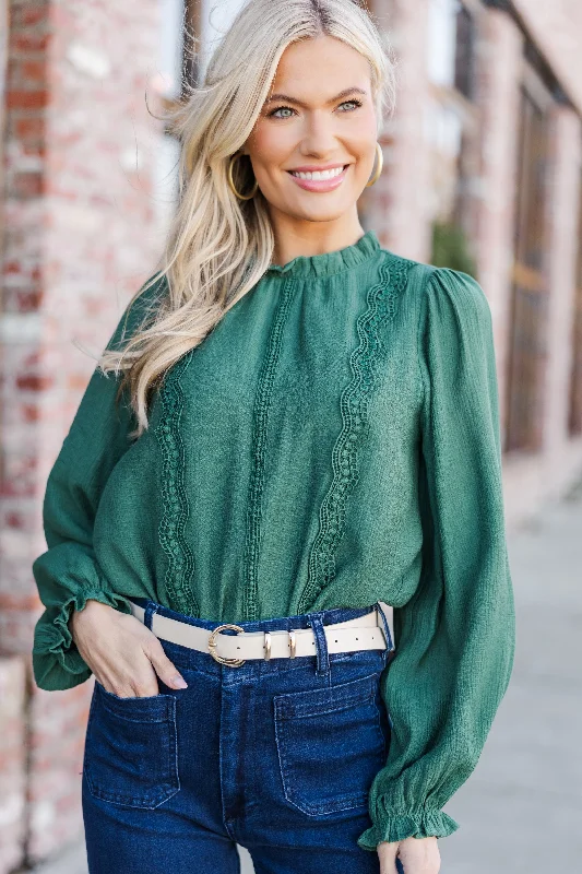 Wish You Were Here Emerald Green Crochet L/S Blouse