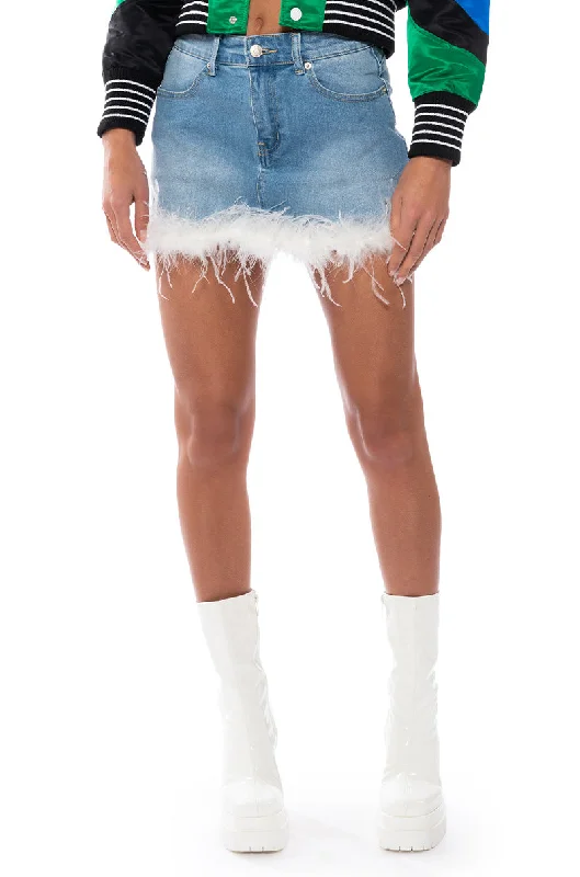 SWEETHEART FEATHER DETAIL DENIM MINI SKIRT