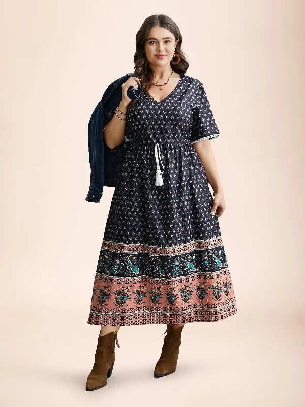 Boho Print Tassel-Tie Pockets Midi Dress