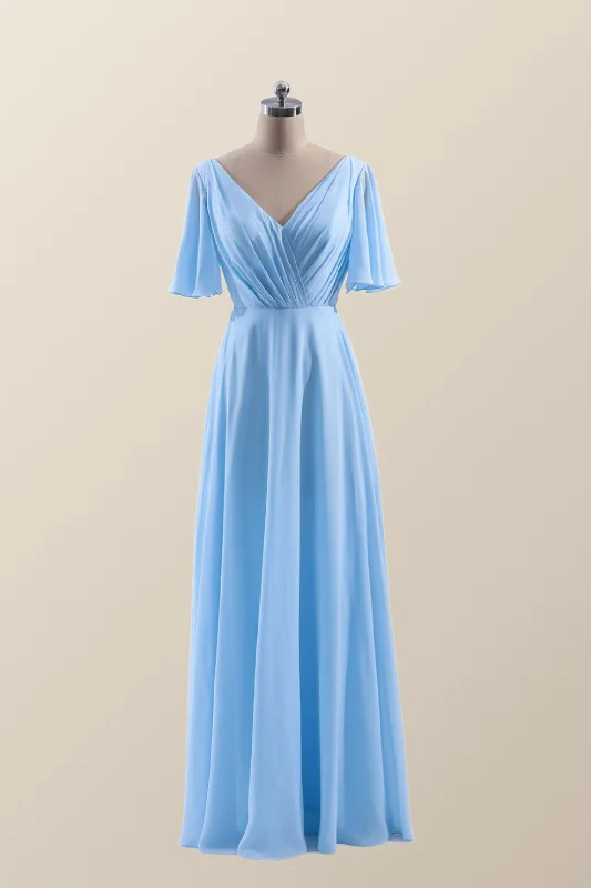 Flare Sleeves Blue Chiffon A-line Long Bridesmaid Dress