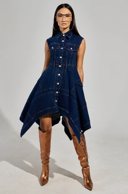 WINONA CAP SLEEVE BUTTON DOWN DENIM MIDI DRESS IN DARK BLUE