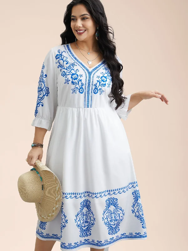 Boho Print Waist-Defined Ruffle Midi Dress