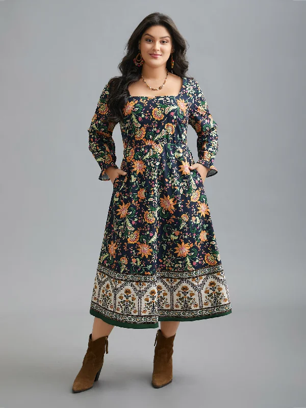 Square Neck Floral Boho Print Midi Dress