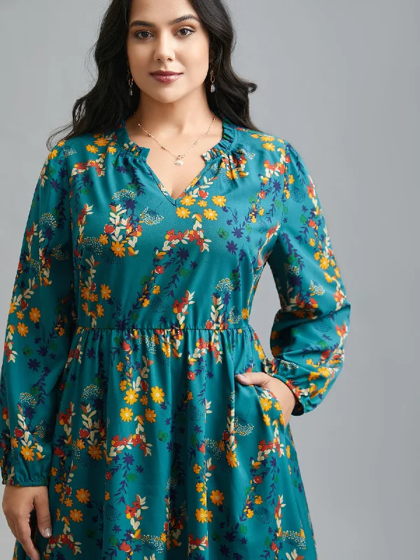 Floral Print Ruffled Notched Collar Midi Dress