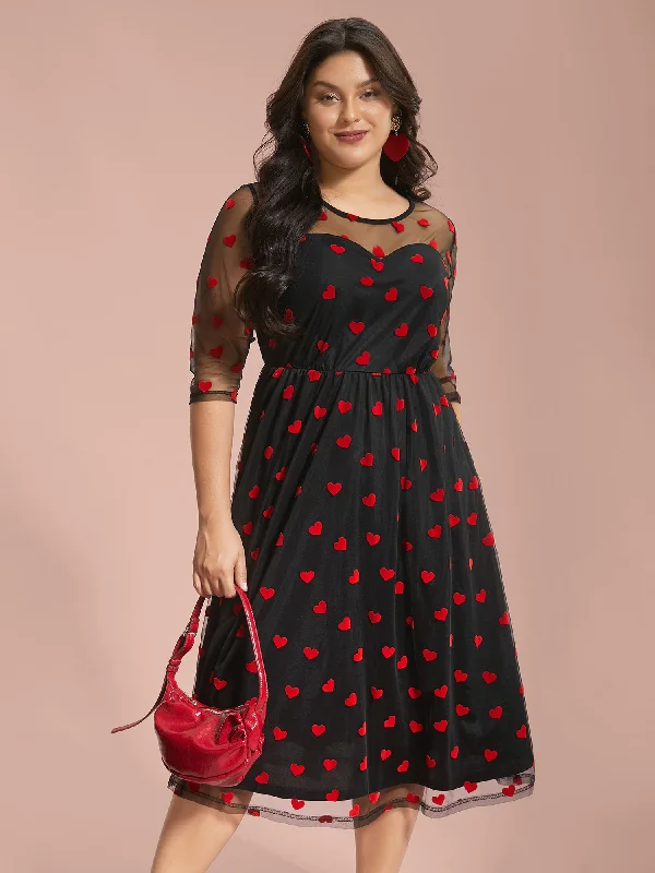 Flocking Heart Mesh Patchwork Midi Dress