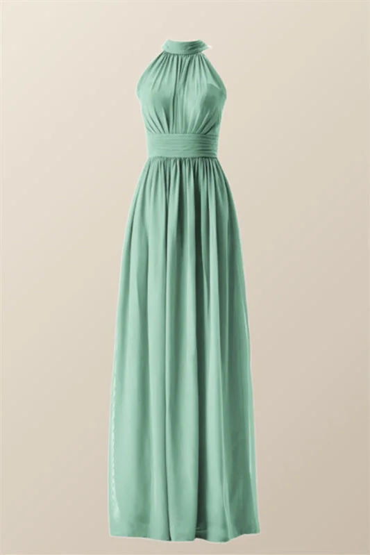 High Neck Mint Green Chiffon A-line Bridesmaid Dress