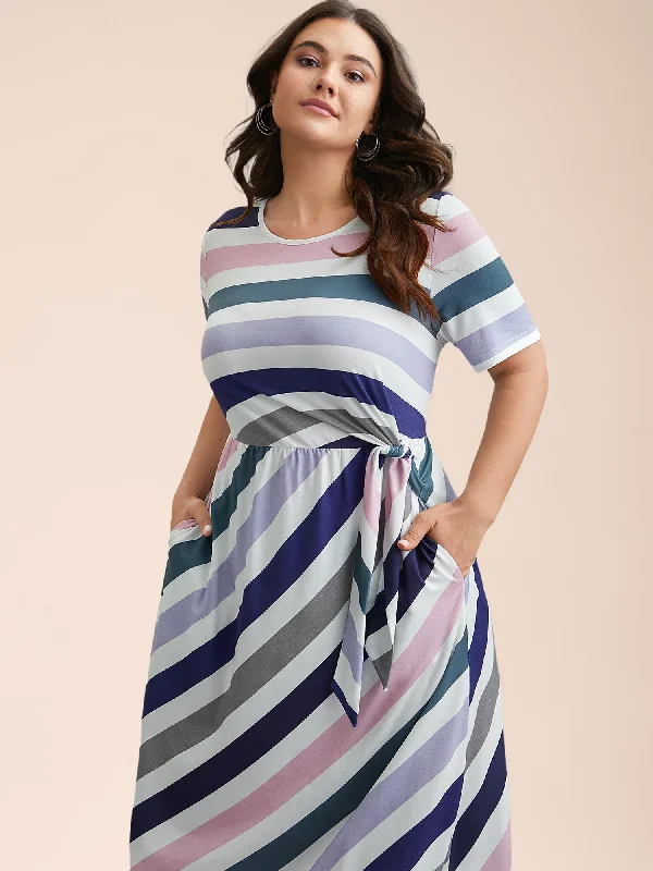 Striped Waist-Tie Half Sleeve Midi Dress