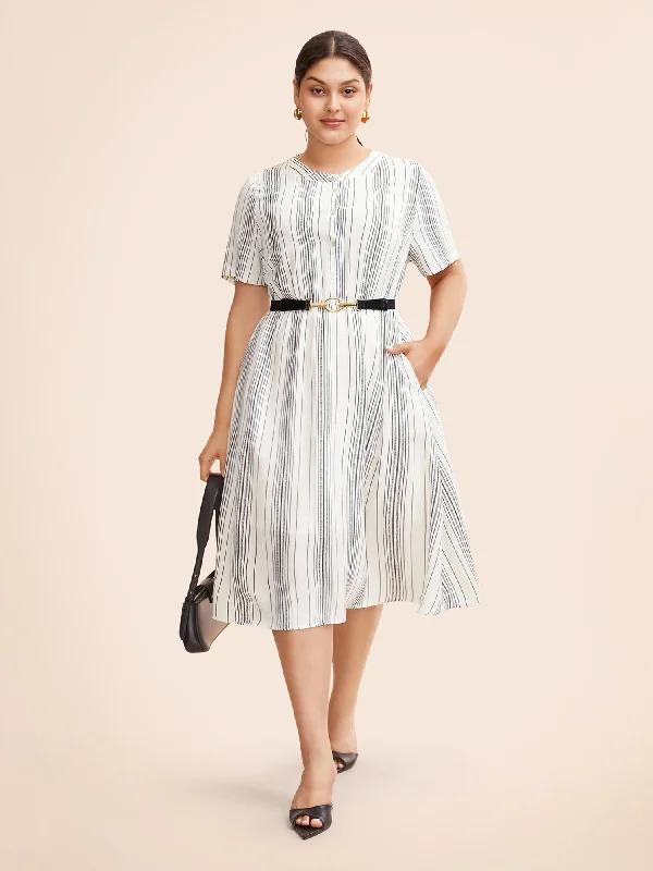 Round Neck Striped Button Up Midi Dress