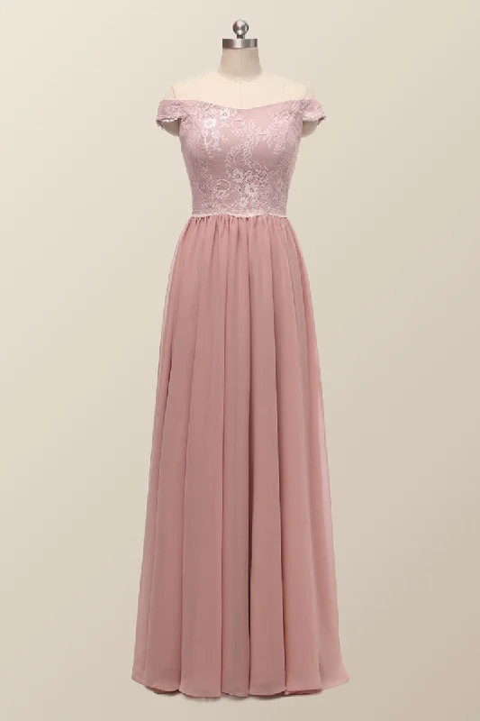 Off the Shoulder Blush Pink Lace and Chiffon Bridesmaid Dress