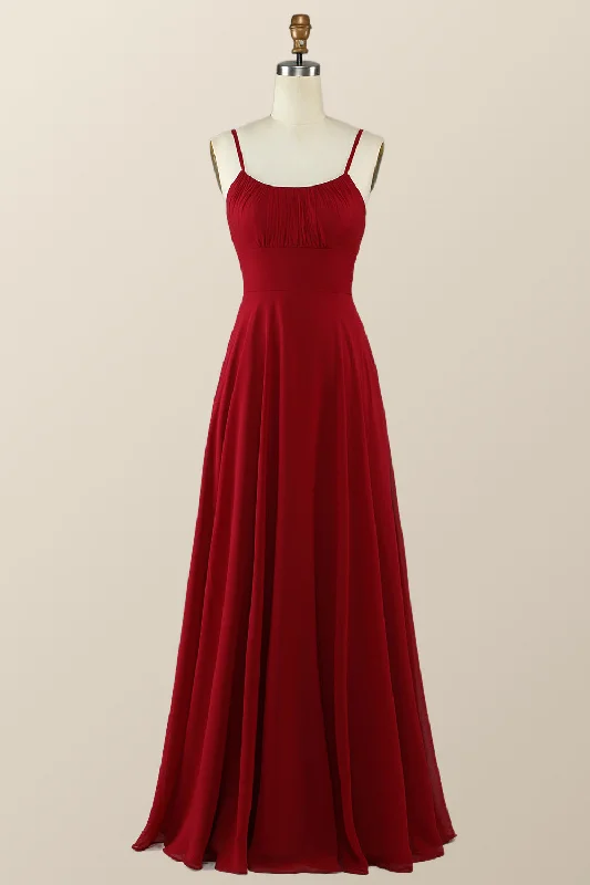 Straps Wine Red Chiffon A-line Long Bridesmaid Dress