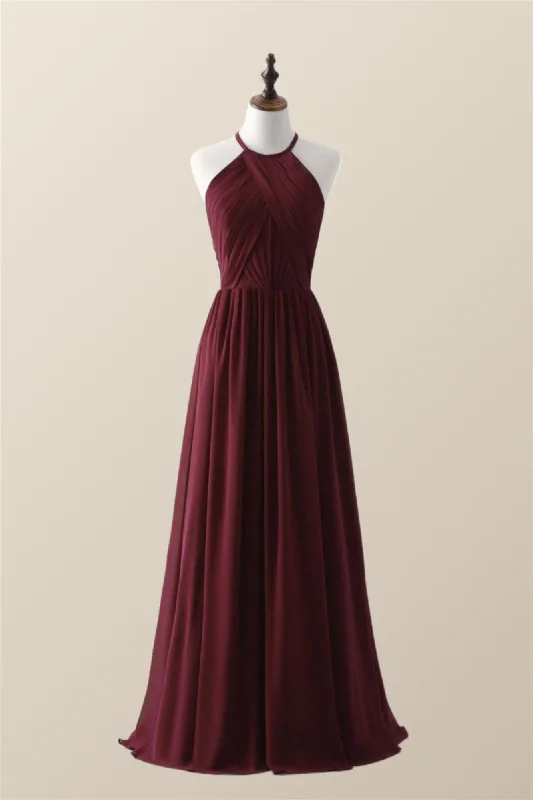 Halter Burgundy Pleated Long Bridesmaid Dress