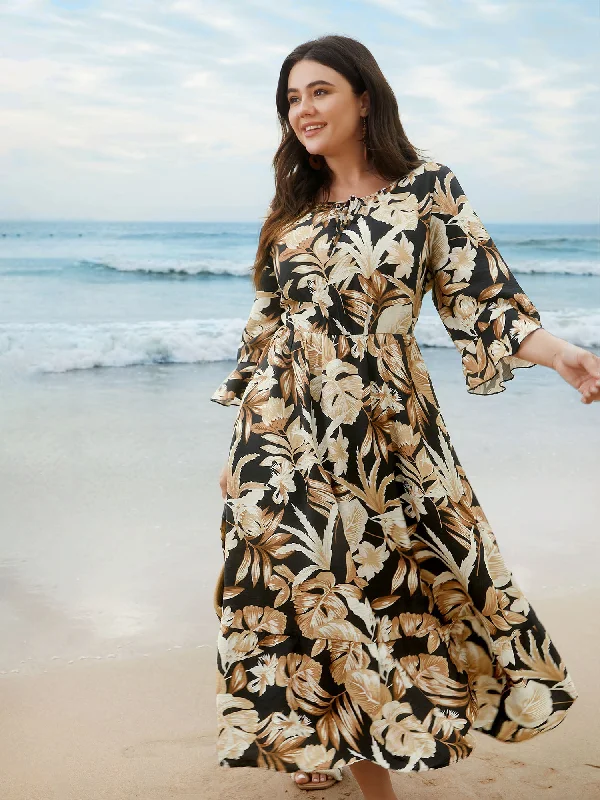 Tropical Leaf Print Neck-Tie Tiered Midi Dress