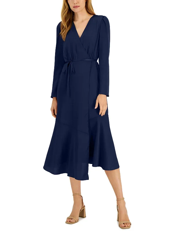 Womens Belted Midi Wrap Dress