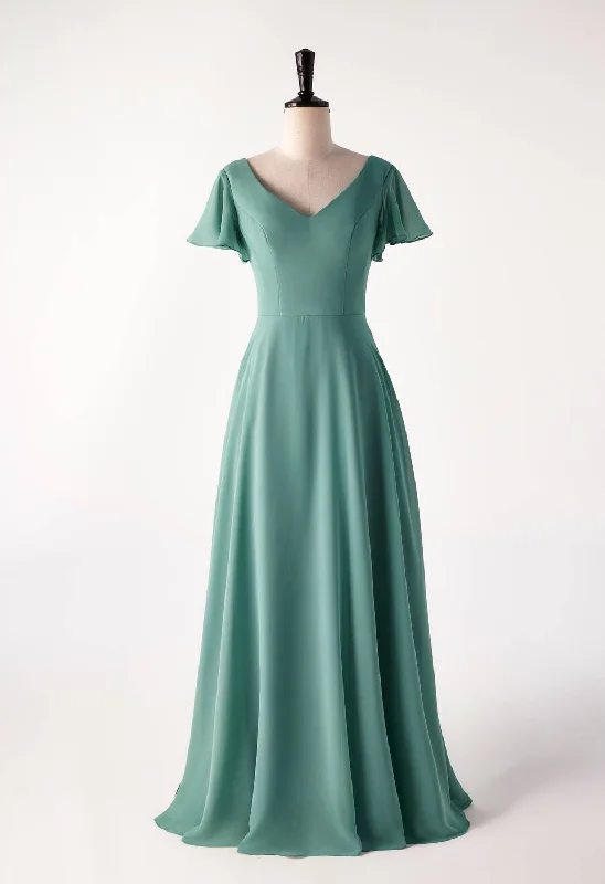 Flare Sleeves Eucalyptus Chiffon Long Bridesmaid Dress