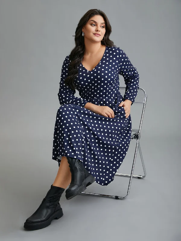 V Neck Polka Dot Midi Dress