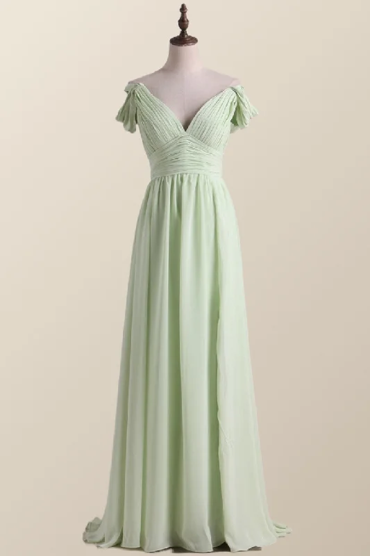 Empire Sage Green Chiffon Pleated V Neck Bridesmaid Dress