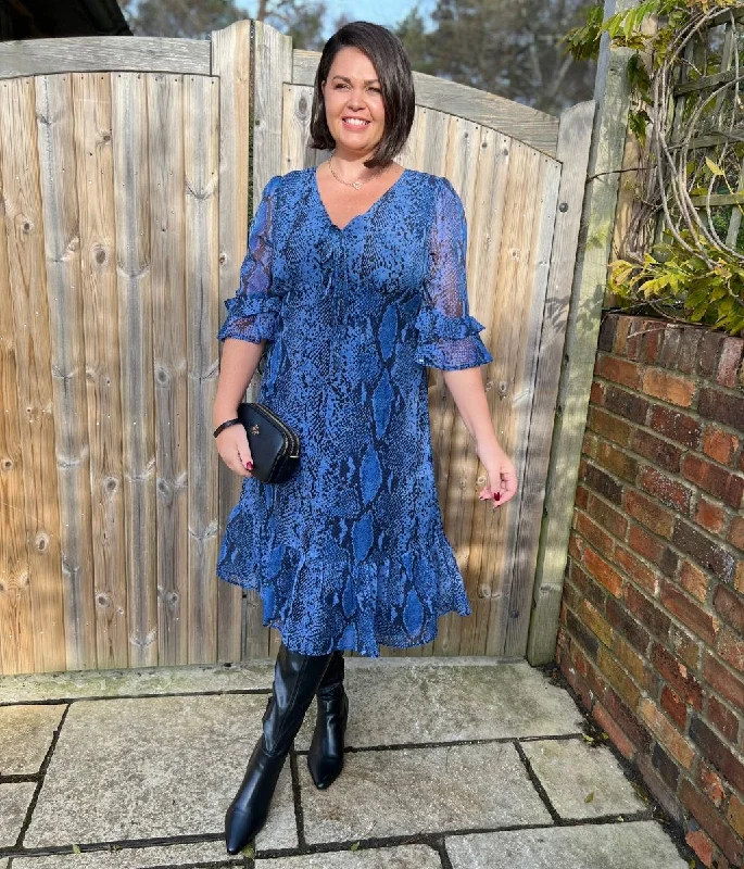 Blue Snake Print Midi Tea Dress