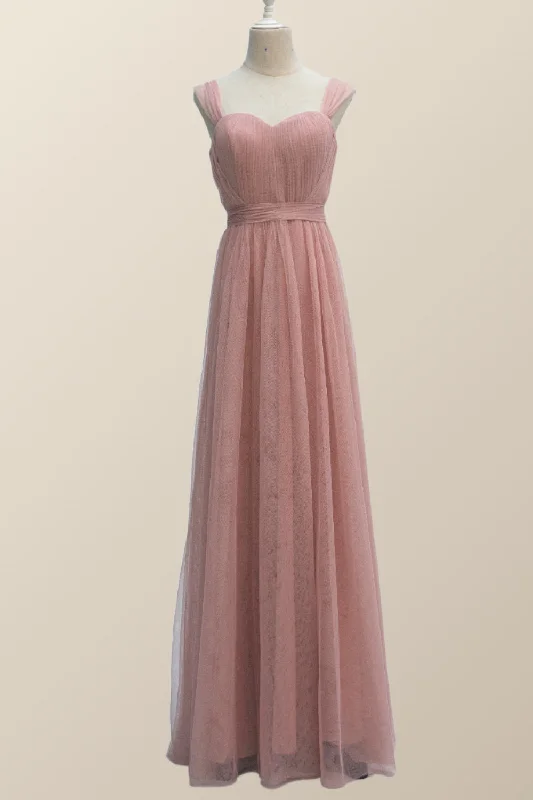 Empire Blush Pink Tulle A-line Long Bridesmaid Dress