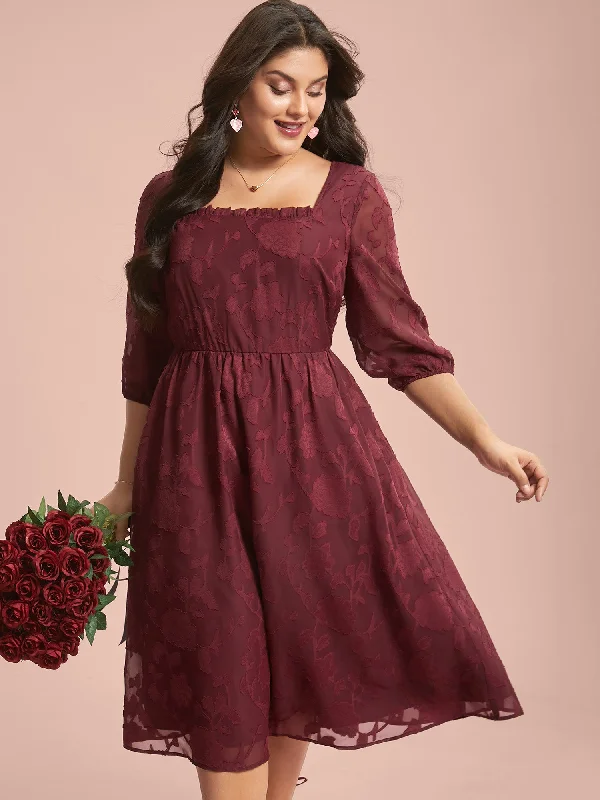 Floral Frill Trim Stretchy-Waist Sheer Midi Dress