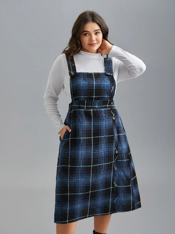 Plaid Pattern Overall Buttons Slit Midi Dress