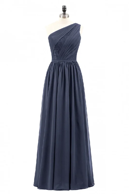 Navy Blue One Shoulder A-line Chiffon Long Bridesmaid Dress