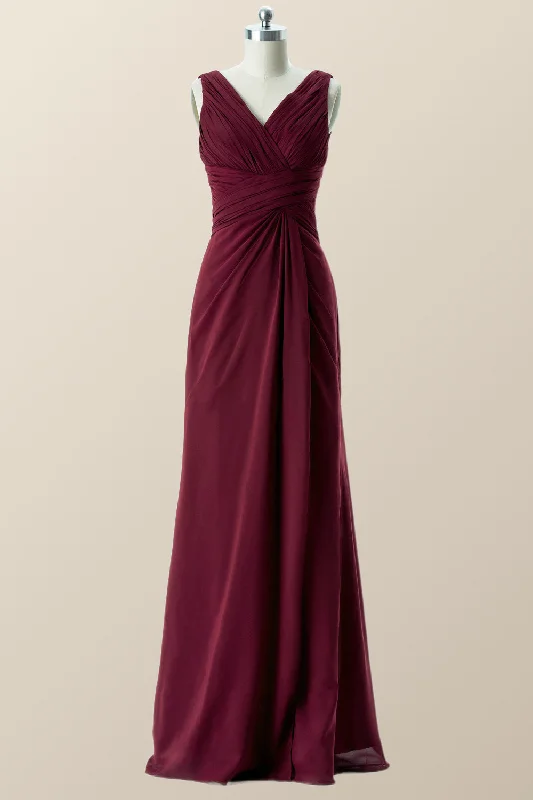 Pleated Burgundy Chiffon Long Bridesmaid Dress