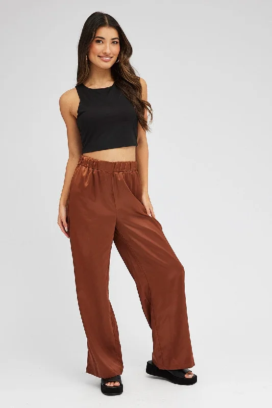 Brown Wide Leg Pants High Rise Satin