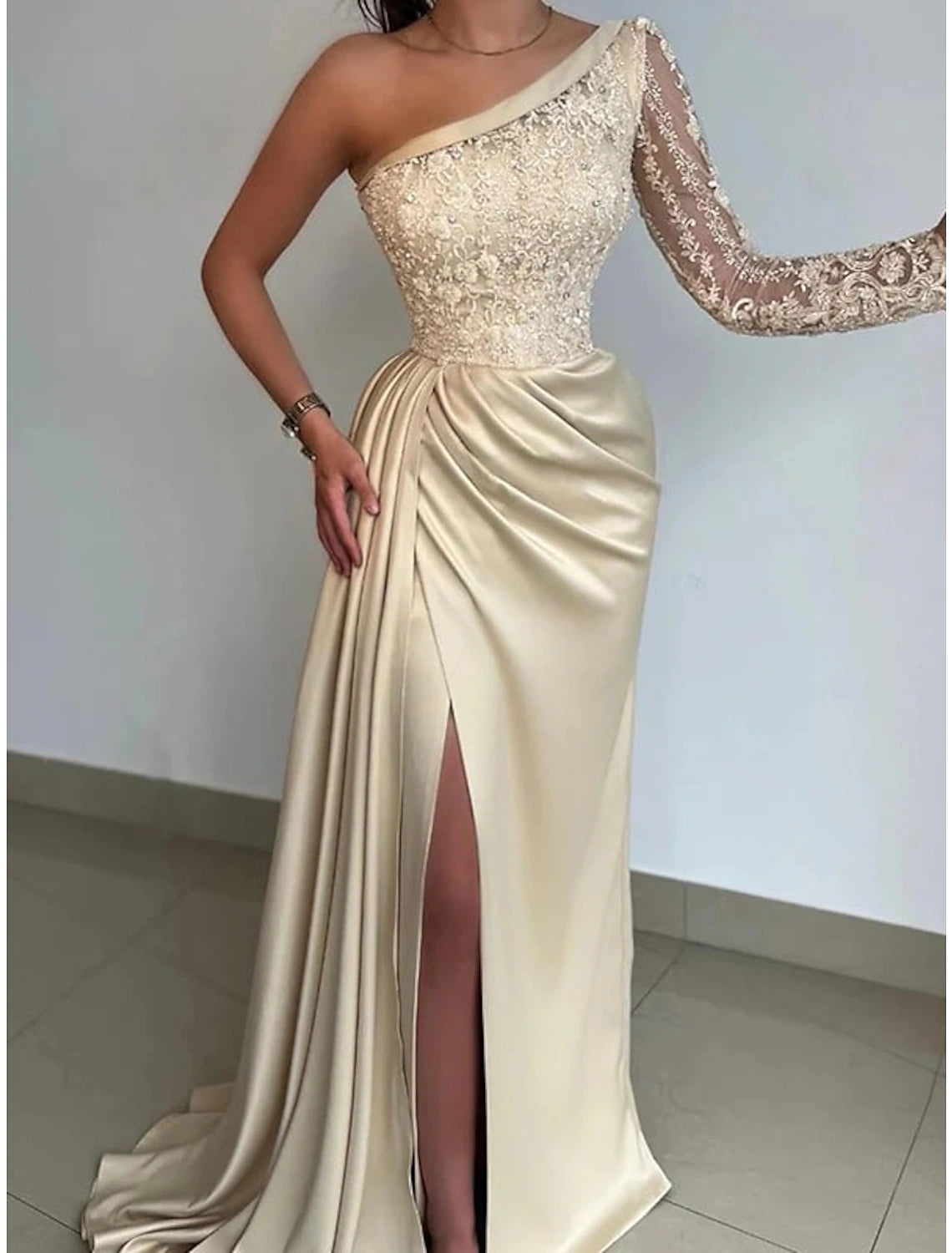 Mermaid / Trumpet Evening Gown Hot Dress Formal Wedding Guest Sweep / Brush Train Long Sleeve One Shoulder Bridesmaid Dress Satin with Rhinestone Appliques