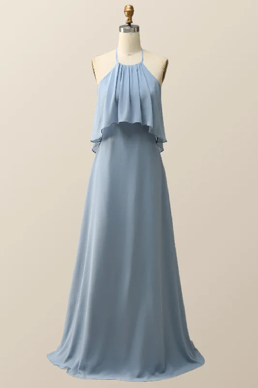 Halter Misty Blue Ruffle Chiffon Long Bridesmaid Dress