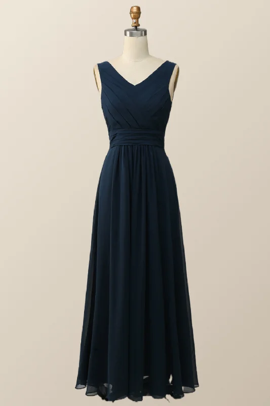 Navy Blue Pleated Chiffon A-line Long Bridesmaid Dress