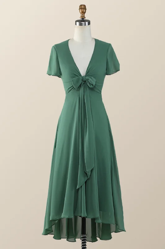 Knot Front Green Chiffon Long Bridesmaid Dress