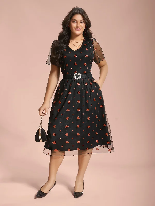 V-Neck Flutter Sleeve Heart Pattern Midi Dress