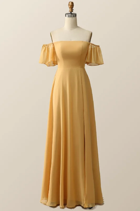 Off the Shoulder Yellow Chiffon Long Bridesmaid Dress