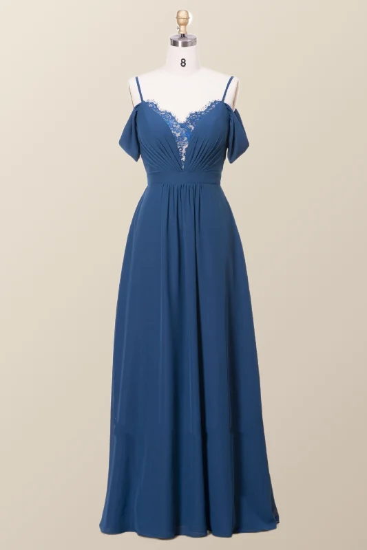 Off the Shoulder Navy Blue Chiffon Long Bridesmaid Dress