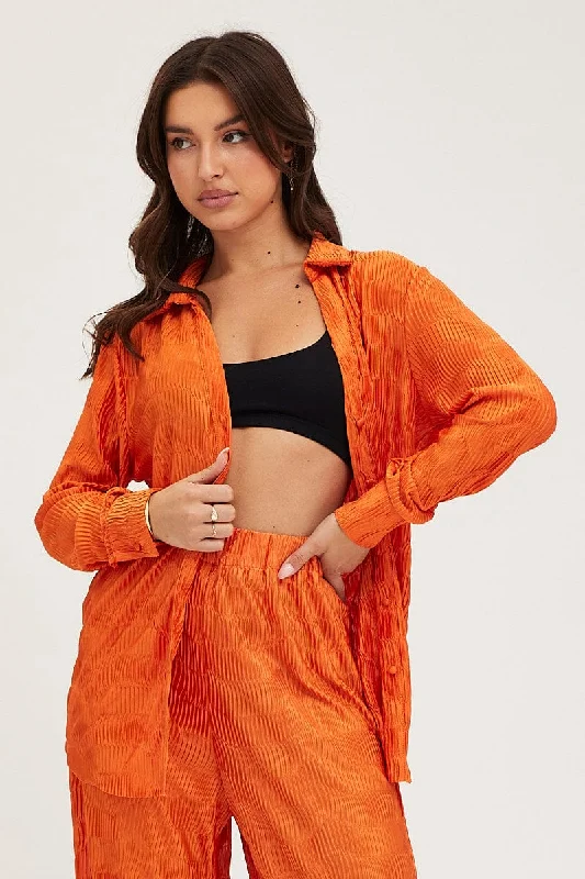 Orange Plisse Shirts Long Sleeve