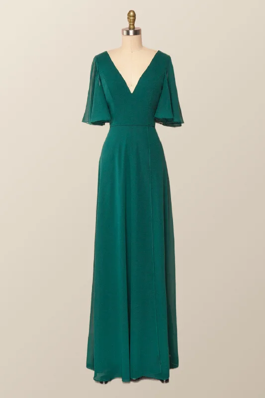 Flare Sleeves Green Chiffon Long Bridesmaid Dress