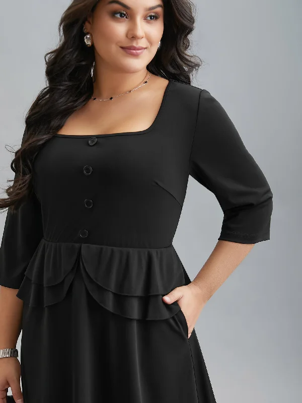 Ruffle Trim Button Front Midi Dress