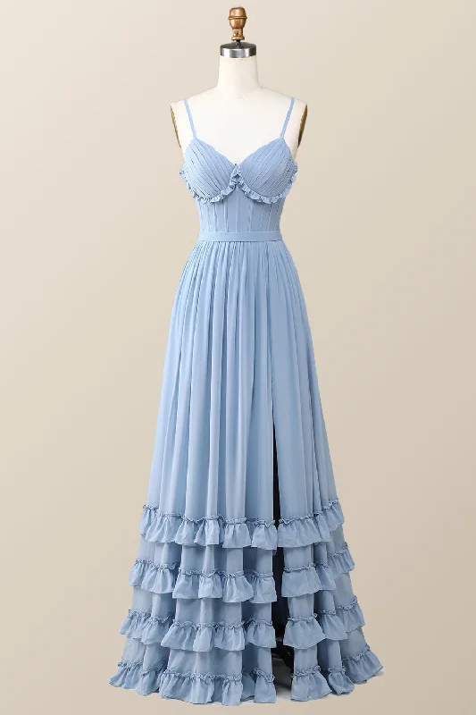 Boho Style Dusty Blue Ruffles Long Bridesmaid Dress