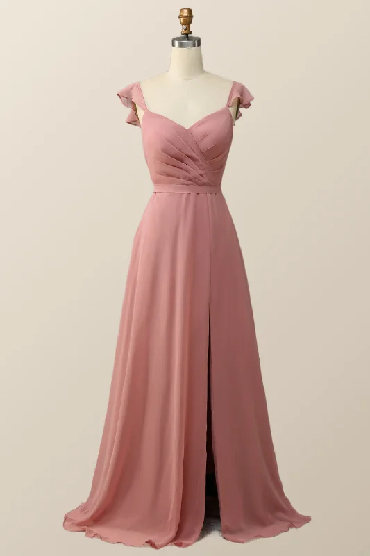 Blush Pink Ruffled Flare Sleeve Chiffon Long Bridesmaid Dress