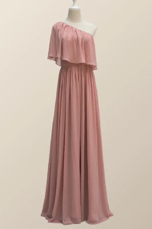 One Shoulder Blush Pink Chiffon Crepe Bridesmaid Dress