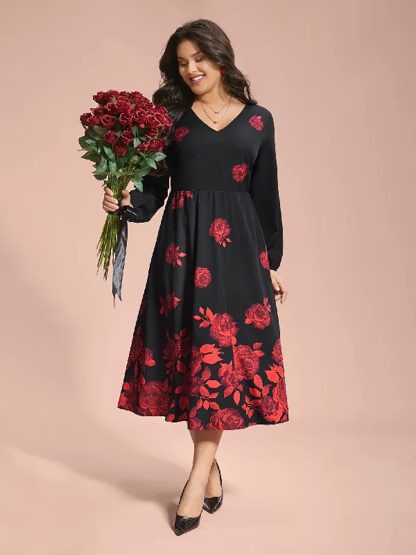 Rose Print Waist-Cinched Midi Dress