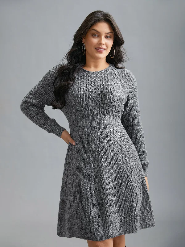 Cable Knit Ribbed Waist Cinched Midi Sweater Dress