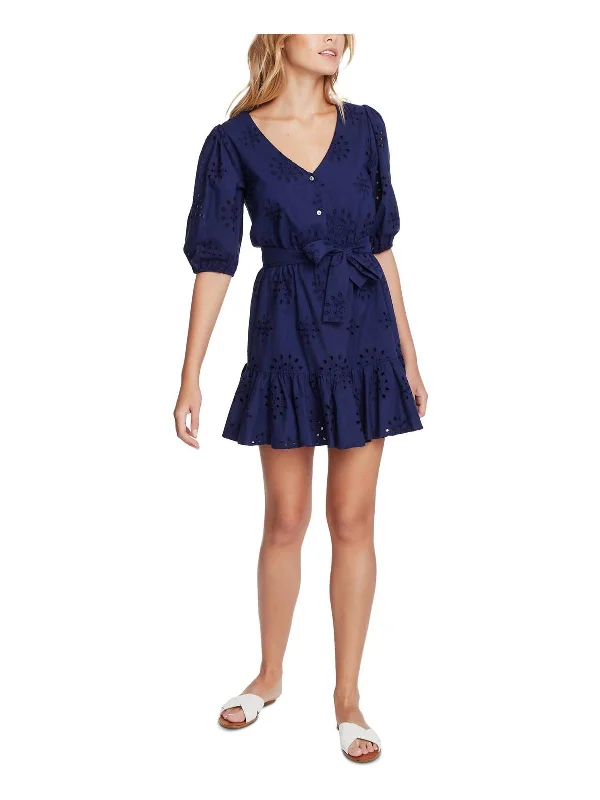 The Fleur Womens Button Front Embroidered Mini Dress