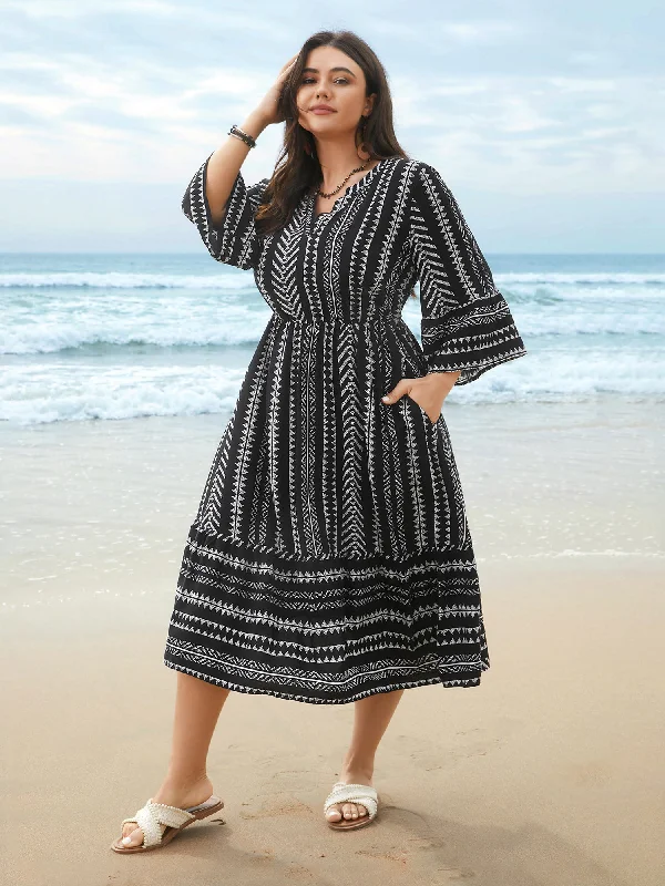 Geo Print Stretchy-Waist Tiered Skirt Midi Dress