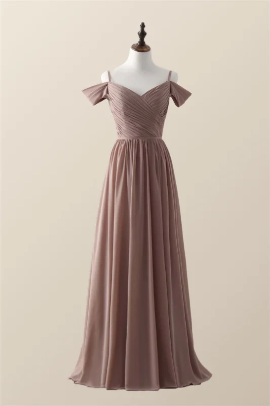 Straps Champagne Pleated Chiffon Long Bridesmaid Dress