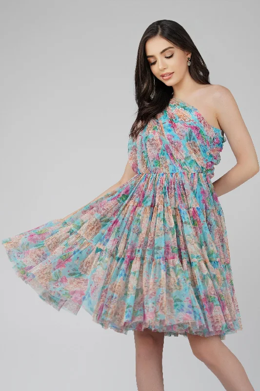 Roka Floral One Shoulder Mini Dress in Blue