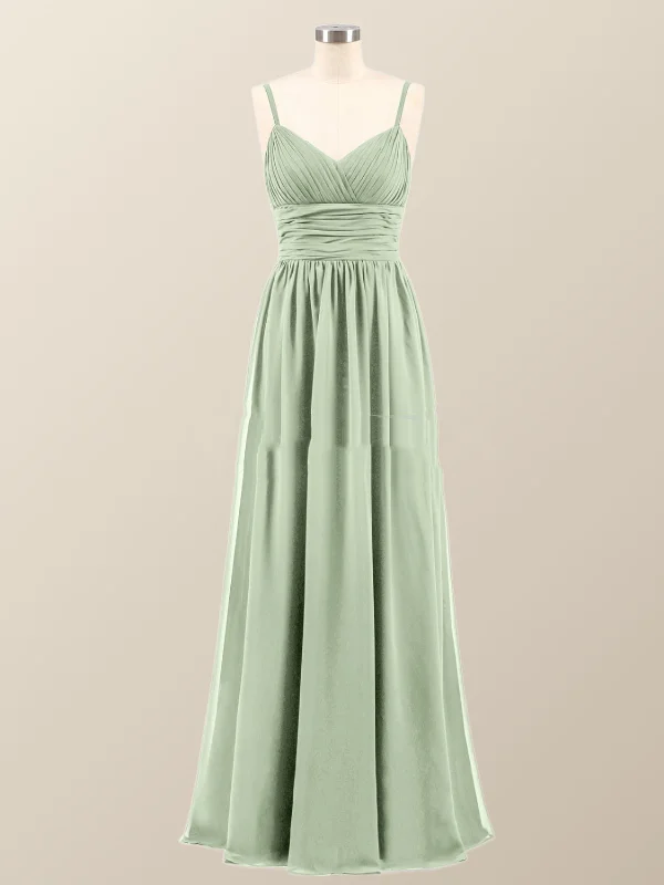 Sage Green Straps Pleated Empire Long Bridesmaid Dress