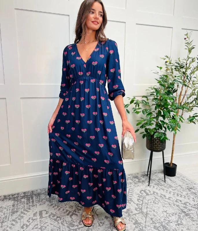 Navy Sienna Floral Midi Dress